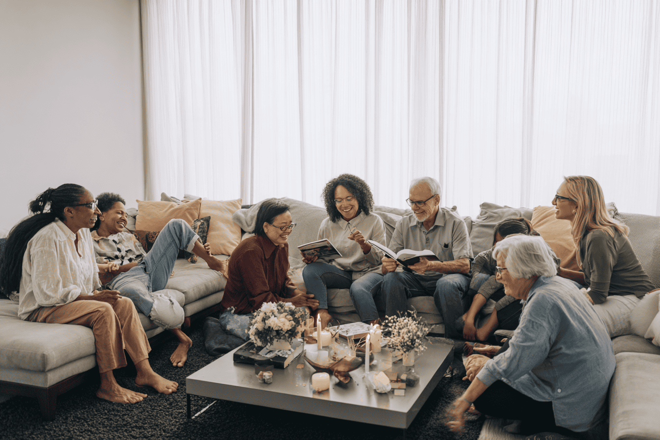Multigenerational family sharing stories together